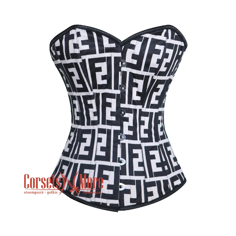 Black And White Print Overbust Burlesque Waist Training Corset Top