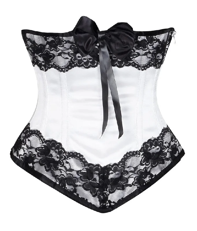 Cambriee White Satin Underbust Corset With Black Lace & Bow