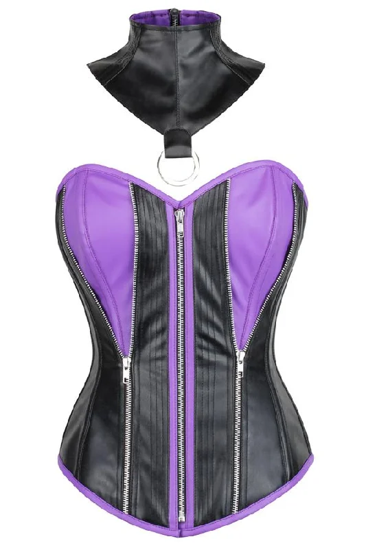 Champman Black & Purple Faux Leather Overbust Corset With Choker