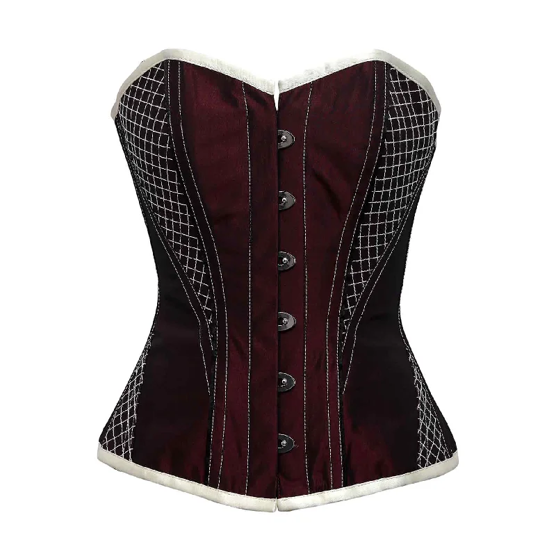 Gillio Burgundy Embrodiery Taffeta Steel Boned Overbust Corset