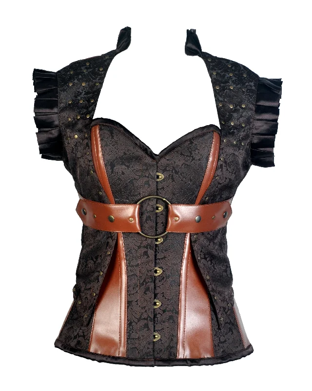 Harry Coffee Brown Brocade & Faux Leather Corset With Jacket