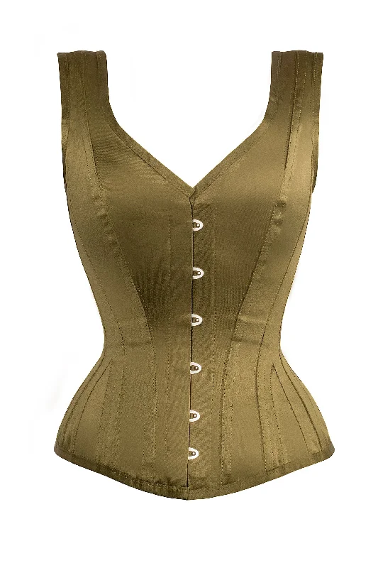 Inis Overbust Olive  Satin Steel Boned Corset With Straps