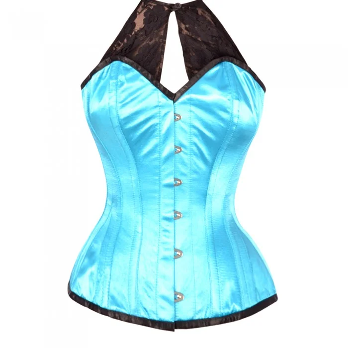 Keziaah Turquoise Satin Corset with Lace Halterneck