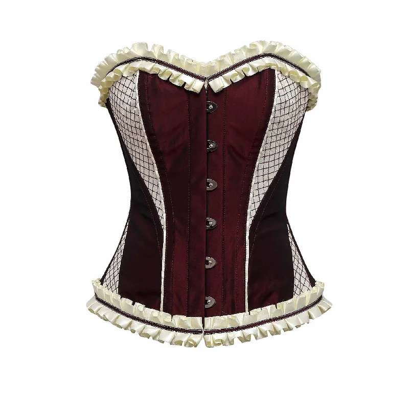 Kovac Burgundy Maroon Cream Embroidery Taffeta Overbust Corset With Frill