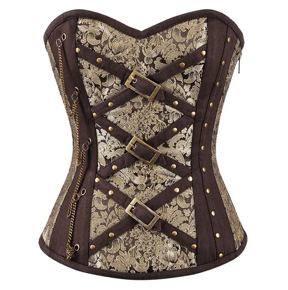 Kurt Coffee Gold Brocade Corset With Chain