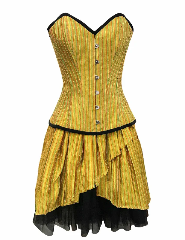 Patrey Mustard Red Green Stripe Taffeta Overbust Corset