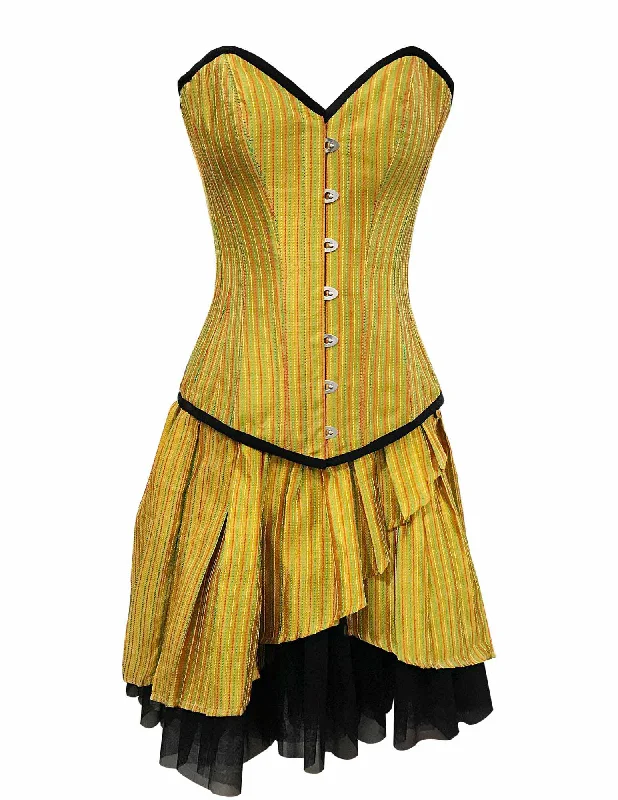 Rafali Mustard Red Green Stripe Taffeta Overbust Corset