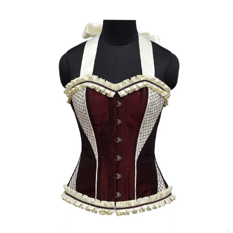 Rodri Burgundy Maroon Cream Embroidery Taffeta Strap Overbust Corset