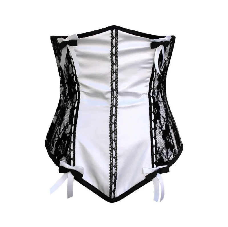 Roma White Satin Underbust Corset With Black Net & Bow