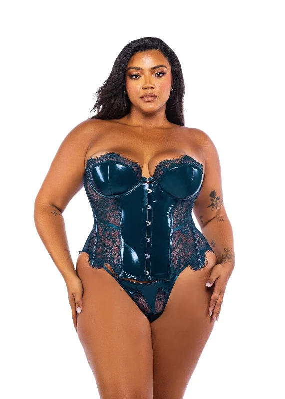 2 Pc Plus Size Blue Scalloped Eyelash Lace Bustier & G-string Panty Lingerie