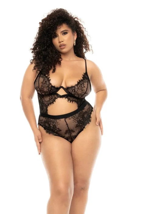 Plus Size Black Sexy Eyelash Lace Bodysuit Teddy Lingerie