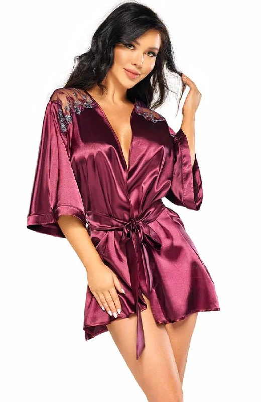 Burgundy satin robe with embroidery - Skylar