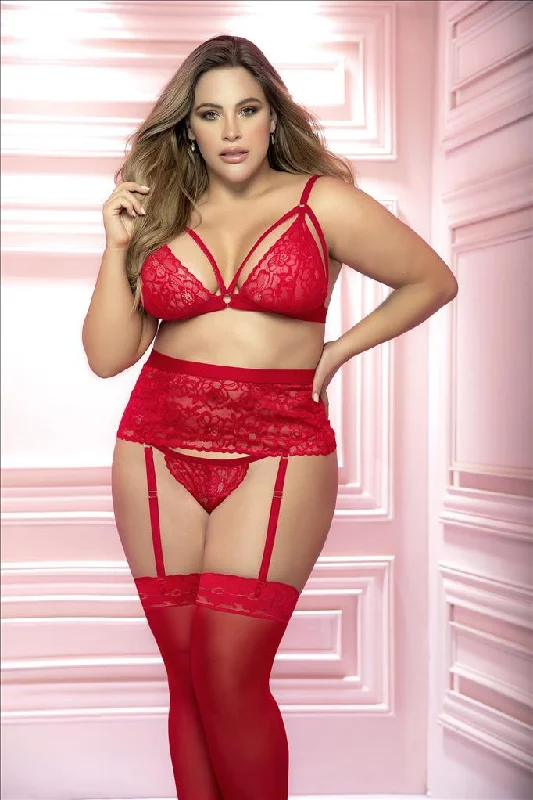 Red Strappy Lace Top w/ Garter & Thong (Plus Size)