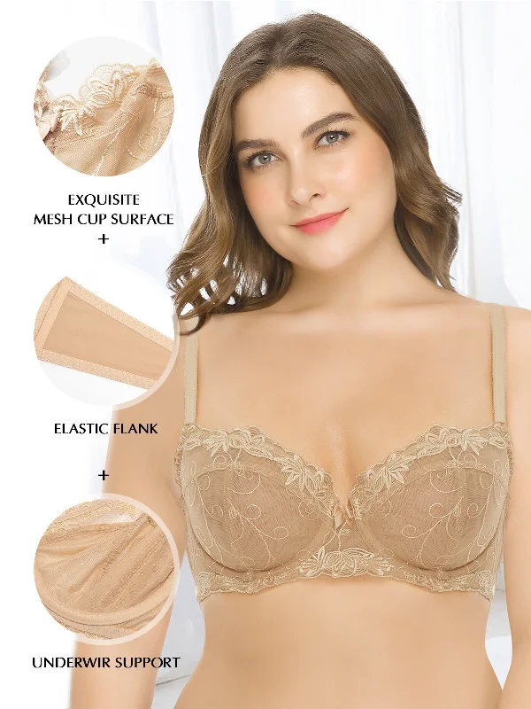 Plus Size See Through Unlined Underwire Lace Bra Nude