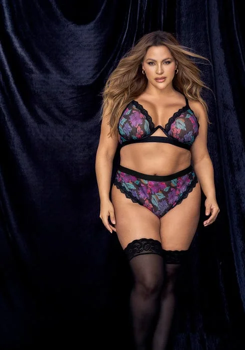 Plus Size Sexy Black Dream Flower Print Underwire Bra & Cheeky Panty Lingerie Set