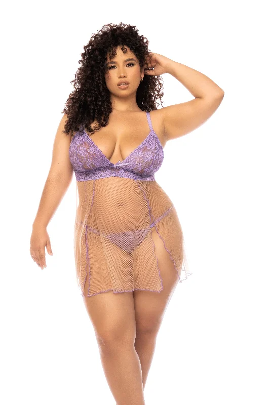 Plus Size Sexy Purple Sheer Lace Side Slits w/ Thong Babydoll Lingerie