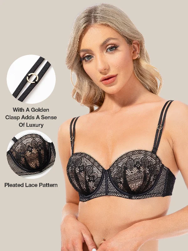 Push Up Full Figure Strapless Pleated Lace Multiway Bra Black