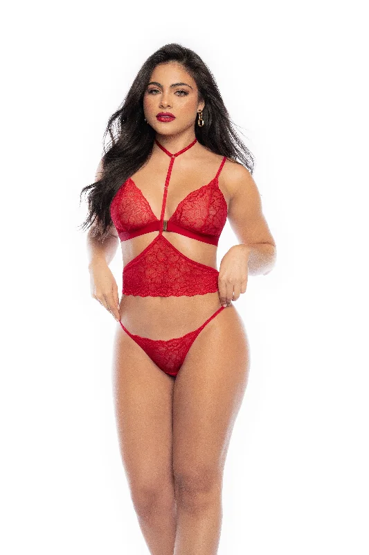 Sexy Red Heart Lace Top, Harness & Thong 3 Pc. Lingerie Set